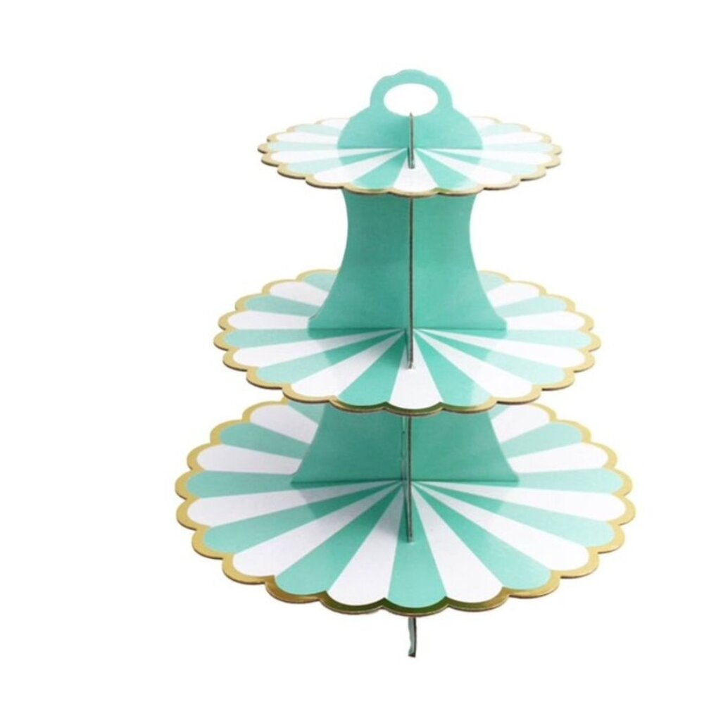 3 Tier 2-PACK Cupcake Stand Easy To Assemble Mint Green & Gold Stores Flat For C
